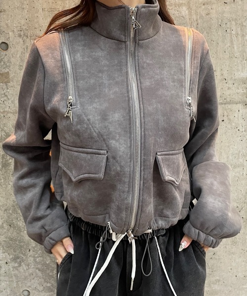 ROGER AND RAW（ロジャーアンドロウ）の「[裏起毛]ショルダージップデザイン スタンドネックジャケット（スウェット・レディース・グレー/ブラック/ホワイト・FREE）」の16枚目の写真