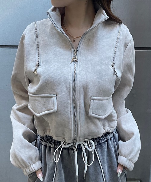 ROGER AND RAW（ロジャーアンドロウ）の「[裏起毛]ショルダージップデザイン スタンドネックジャケット（スウェット・レディース・グレー/ブラック/ホワイト・FREE）」の18枚目の写真