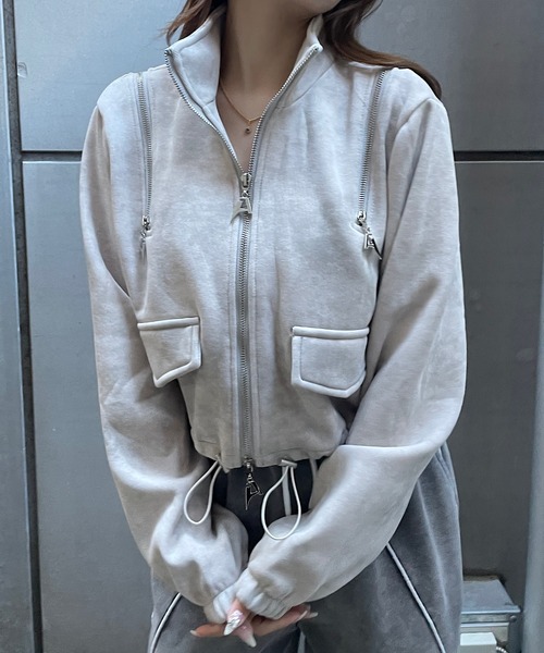 ROGER AND RAW（ロジャーアンドロウ）の「[裏起毛]ショルダージップデザイン スタンドネックジャケット（スウェット・レディース・グレー/ブラック/ホワイト・FREE）」の19枚目の写真