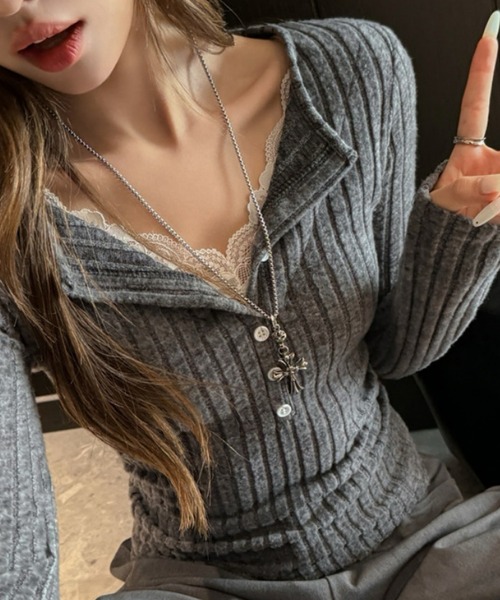 おしゃれスタ（オシャレスタ）の「レースレイヤード風 リブトップス（Tシャツ/カットソー・レディース・ブラック/ホワイト/グレー/ベージュ・S/M/L/XL）」の3枚目の写真