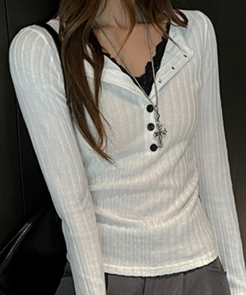 おしゃれスタ（オシャレスタ）の「レースレイヤード風 リブトップス（Tシャツ/カットソー・レディース・ブラック/ホワイト/グレー/ベージュ・S/M/L/XL）」の6枚目の写真