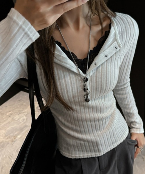 おしゃれスタ（オシャレスタ）の「レースレイヤード風 リブトップス（Tシャツ/カットソー・レディース・ブラック/ホワイト/グレー/ベージュ・S/M/L/XL）」の7枚目の写真