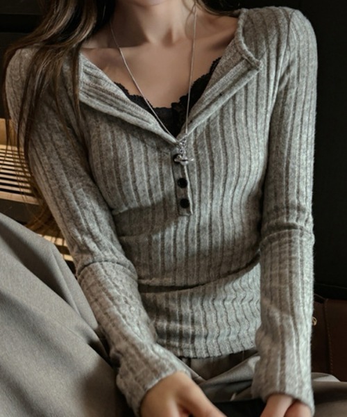 おしゃれスタ（オシャレスタ）の「レースレイヤード風 リブトップス（Tシャツ/カットソー・レディース・ブラック/ホワイト/グレー/ベージュ・S/M/L/XL）」の11枚目の写真