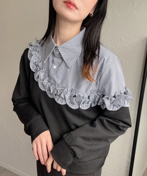 deux amour（ドゥーザムール）の「異素材切り替えフリルトップス（シャツ/ブラウス・レディース・ブラック/グレー・M～Ｌ）」の4枚目の写真