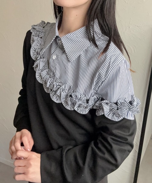 deux amour（ドゥーザムール）の「異素材切り替えフリルトップス（シャツ/ブラウス・レディース・ブラック/グレー・M～Ｌ）」の6枚目の写真