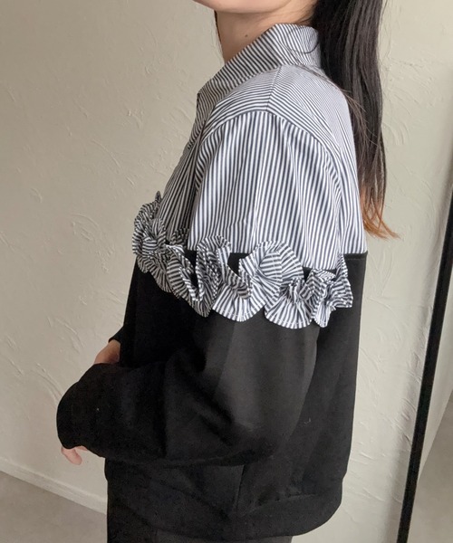 deux amour（ドゥーザムール）の「異素材切り替えフリルトップス（シャツ/ブラウス・レディース・ブラック/グレー・M～Ｌ）」の7枚目の写真