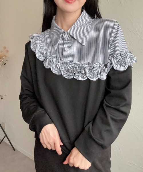 deux amour（ドゥーザムール）の「異素材切り替えフリルトップス（シャツ/ブラウス・レディース・ブラック/グレー・M～Ｌ）」の10枚目の写真