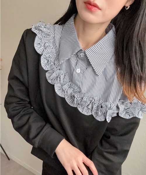 deux amour（ドゥーザムール）の「異素材切り替えフリルトップス（シャツ/ブラウス・レディース・ブラック/グレー・M～Ｌ）」の11枚目の写真