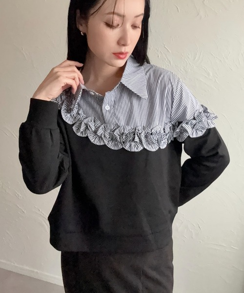 deux amour（ドゥーザムール）の「異素材切り替えフリルトップス（シャツ/ブラウス・レディース・ブラック/グレー・M～Ｌ）」の13枚目の写真
