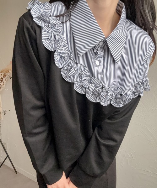 deux amour（ドゥーザムール）の「異素材切り替えフリルトップス（シャツ/ブラウス・レディース・ブラック/グレー・M～Ｌ）」の12枚目の写真