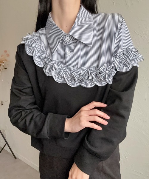 deux amour（ドゥーザムール）の「異素材切り替えフリルトップス（シャツ/ブラウス・レディース・ブラック/グレー・M～Ｌ）」の9枚目の写真