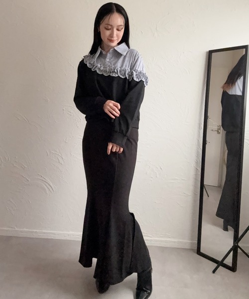 deux amour（ドゥーザムール）の「異素材切り替えフリルトップス（シャツ/ブラウス・レディース・ブラック/グレー・M～Ｌ）」の18枚目の写真