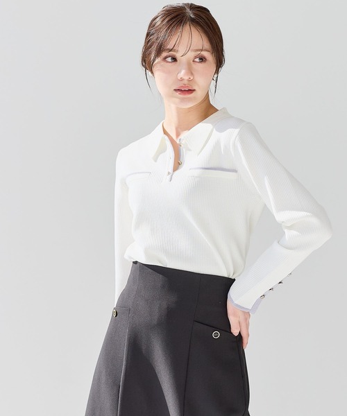 Andemiu(アンデミュウ)の「エリツキボタンカーディガン656638(ニット/セーター・レディース・イエロー/ネイビー/オフホワイト・FREE)」の1枚目の写真