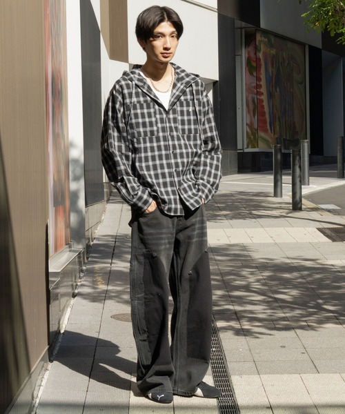 ALAND（エーランド）の「【UNISEX】ALAND／チェックフードシャツロングスリーブ（シャツ/ブラウス・レディース・ブラック/ホワイト・LARGE/SMALL）」の7枚目の写真