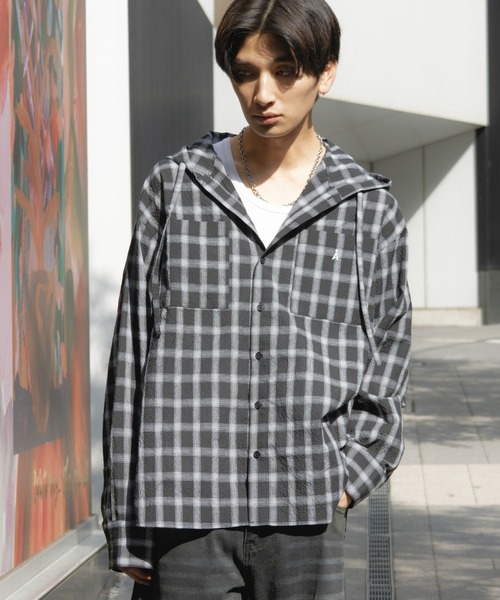 ALAND（エーランド）の「【UNISEX】ALAND／チェックフードシャツロングスリーブ（シャツ/ブラウス・レディース・ブラック/ホワイト・LARGE/SMALL）」の10枚目の写真