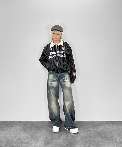 MATU:TA(マトゥータ)の「【男女兼用】ストライプレースジャケット / 刺繍 ストライプ 長袖 ジップ 襟 ボタン 配色 ジャケット アウター オーバーサイズ ストリート ワッペン ユニセックス カジュアル 海外ガール スポーティー ゲームシャツ 白 黒 ホワイト ブラック(その他アウター・レディース・ホワイト/ブラック・FREE)」の14枚目の写真