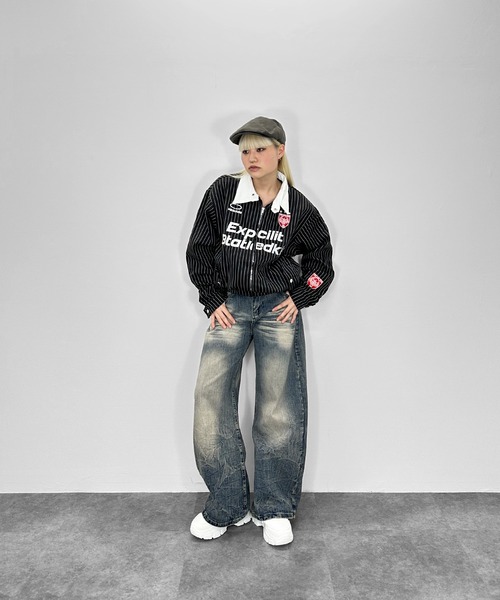MATU:TA(マトゥータ)の「【男女兼用】ストライプレースジャケット / 刺繍 ストライプ 長袖 ジップ 襟 ボタン 配色 ジャケット アウター オーバーサイズ ストリート ワッペン ユニセックス カジュアル 海外ガール スポーティー ゲームシャツ 白 黒 ホワイト ブラック(その他アウター・レディース・ホワイト/ブラック・FREE)」の15枚目の写真