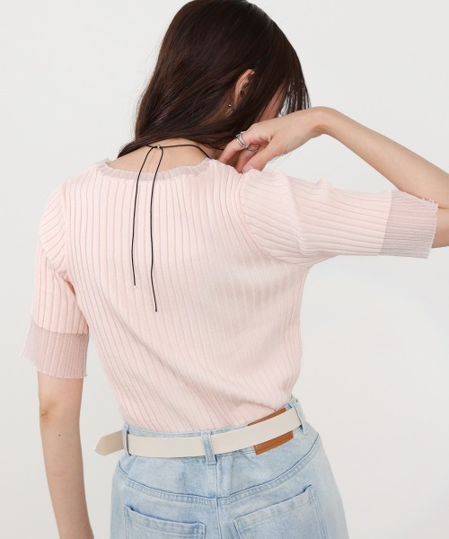 Bab(バブ)の「シアー使い5分袖リブニットトップス/サマーニット(Tシャツ/カットソー・レディース・ピンク/ブラック/アイボリー/チャコールグレー/グリーン・FREE)」の5枚目の写真