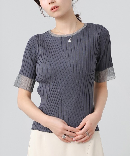 Bab(バブ)の「シアー使い5分袖リブニットトップス/サマーニット(Tシャツ/カットソー・レディース・ピンク/ブラック/アイボリー/チャコールグレー/グリーン・FREE)」の3枚目の写真