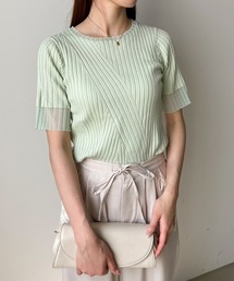 Bab | シアー使い5分袖リブニットトップス/サマーニット(Tシャツ/カットソー)