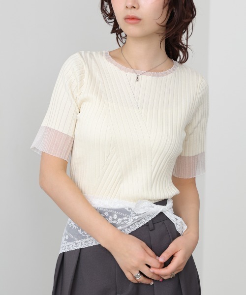 Bab(バブ)の「シアー使い5分袖リブニットトップス/サマーニット(Tシャツ/カットソー・レディース・ピンク/ブラック/アイボリー/チャコールグレー/グリーン・FREE)」の1枚目の写真