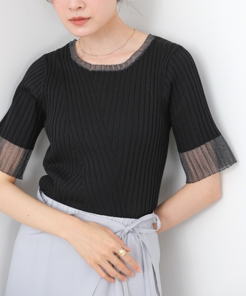 Bab(バブ)の「シアー使い5分袖リブニットトップス/サマーニット(Tシャツ/カットソー・レディース・ピンク/ブラック/アイボリー/チャコールグレー/グリーン・FREE)」の2枚目の写真