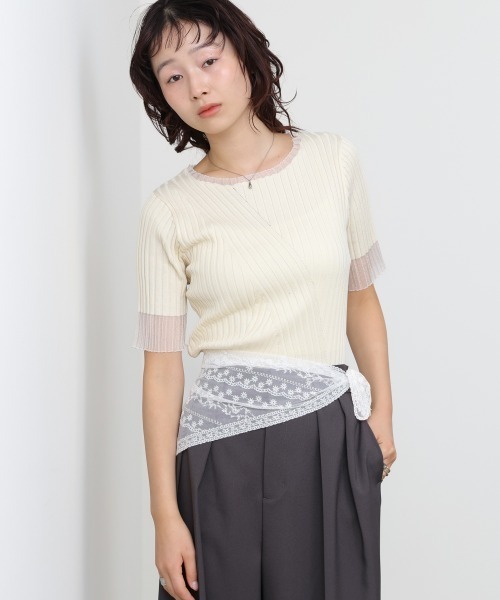 Bab(バブ)の「シアー使い5分袖リブニットトップス/サマーニット(Tシャツ/カットソー・レディース・ピンク/ブラック/アイボリー/チャコールグレー/グリーン・FREE)」の6枚目の写真