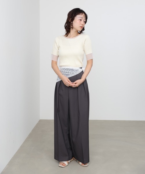 Bab(バブ)の「シアー使い5分袖リブニットトップス/サマーニット(Tシャツ/カットソー・レディース・ピンク/ブラック/アイボリー/チャコールグレー/グリーン・FREE)」の7枚目の写真