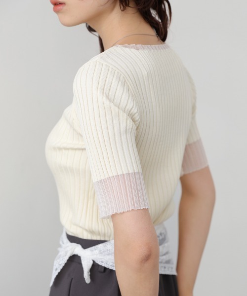 Bab(バブ)の「シアー使い5分袖リブニットトップス/サマーニット(Tシャツ/カットソー・レディース・ピンク/ブラック/アイボリー/チャコールグレー/グリーン・FREE)」の8枚目の写真