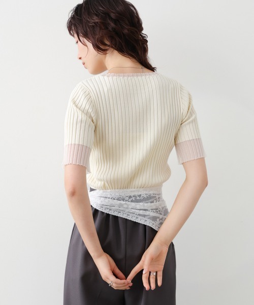 Bab(バブ)の「シアー使い5分袖リブニットトップス/サマーニット(Tシャツ/カットソー・レディース・ピンク/ブラック/アイボリー/チャコールグレー/グリーン・FREE)」の9枚目の写真