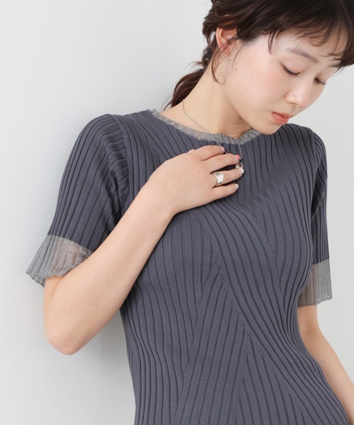 Bab(バブ)の「シアー使い5分袖リブニットトップス/サマーニット(Tシャツ/カットソー・レディース・ピンク/ブラック/アイボリー/チャコールグレー/グリーン・FREE)」の12枚目の写真