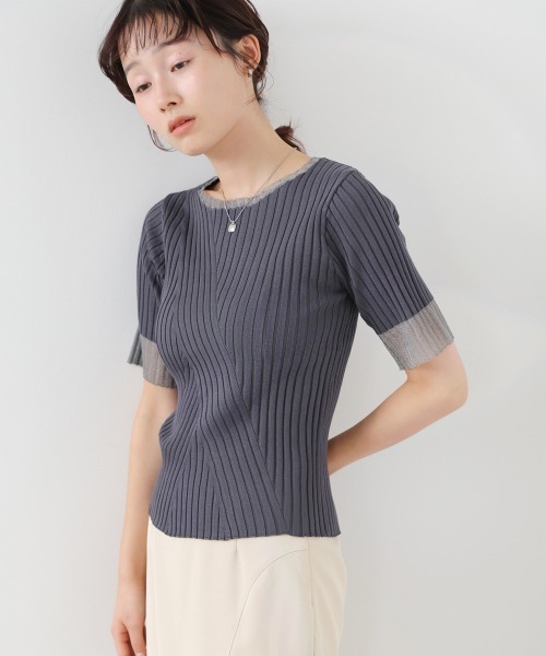 Bab(バブ)の「シアー使い5分袖リブニットトップス/サマーニット(Tシャツ/カットソー・レディース・ピンク/ブラック/アイボリー/チャコールグレー/グリーン・FREE)」の14枚目の写真