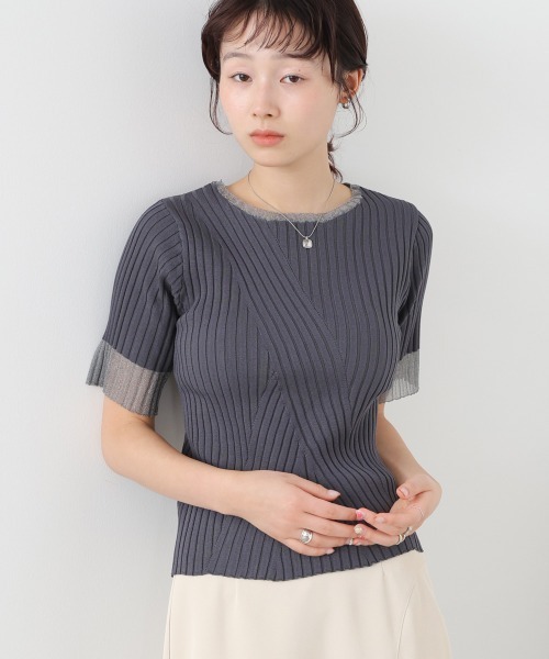 Bab(バブ)の「シアー使い5分袖リブニットトップス/サマーニット(Tシャツ/カットソー・レディース・ピンク/ブラック/アイボリー/チャコールグレー/グリーン・FREE)」の16枚目の写真