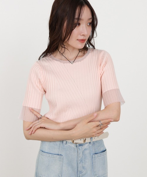 Bab(バブ)の「シアー使い5分袖リブニットトップス/サマーニット(Tシャツ/カットソー・レディース・ピンク/ブラック/アイボリー/チャコールグレー/グリーン・FREE)」の18枚目の写真