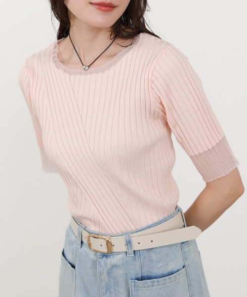 Bab(バブ)の「シアー使い5分袖リブニットトップス/サマーニット(Tシャツ/カットソー・レディース・ピンク/ブラック/アイボリー/チャコールグレー/グリーン・FREE)」の20枚目の写真