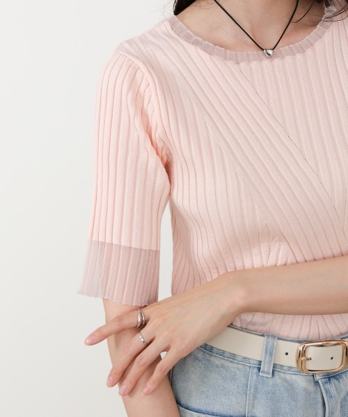 Bab(バブ)の「シアー使い5分袖リブニットトップス/サマーニット(Tシャツ/カットソー・レディース・ピンク/ブラック/アイボリー/チャコールグレー/グリーン・FREE)」の21枚目の写真