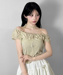 【オフショルでも着られる2WAY】 レースマフラー付きリボンドットTシャツ
