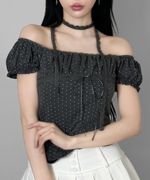 【オフショルでも着られる2WAY】 レースマフラー付きリボンドットTシャツ