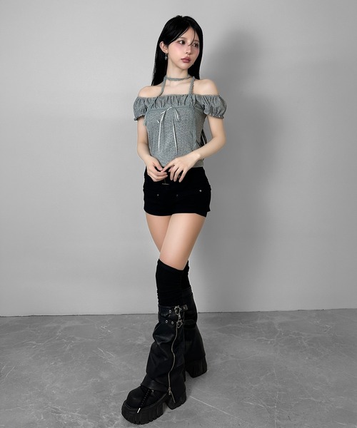 FOLLOWIN(フォロウィン)の「【オフショルでも着られる2WAY】 レースマフラー付きリボンドットTシャツ(Tシャツ/カットソー・レディース・ベージュ/グレー/チャコールグレー・FREE)」の13枚目の写真