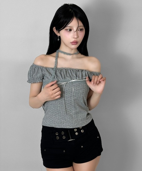 FOLLOWIN(フォロウィン)の「【オフショルでも着られる2WAY】 レースマフラー付きリボンドットTシャツ(Tシャツ/カットソー・レディース・ベージュ/グレー/チャコールグレー・FREE)」の10枚目の写真
