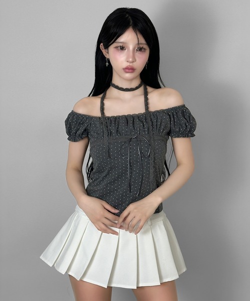 FOLLOWIN(フォロウィン)の「【オフショルでも着られる2WAY】 レースマフラー付きリボンドットTシャツ(Tシャツ/カットソー・レディース・ベージュ/グレー/チャコールグレー・FREE)」の18枚目の写真