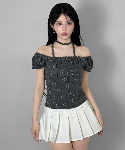 FOLLOWIN(フォロウィン)の「【オフショルでも着られる2WAY】 レースマフラー付きリボンドットTシャツ(Tシャツ/カットソー・レディース・ベージュ/グレー/チャコールグレー・FREE)」の19枚目の写真
