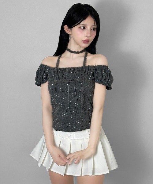 FOLLOWIN(フォロウィン)の「【オフショルでも着られる2WAY】 レースマフラー付きリボンドットTシャツ(Tシャツ/カットソー・レディース・ベージュ/グレー/チャコールグレー・FREE)」の22枚目の写真