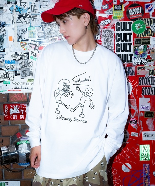 En serio TOKYO(エンソリオトーキョー)の「【SIDEWAYSTANCE】レスラーイラスト長袖Tシャツ 70581(Tシャツ/カットソー・メンズ・ホワイト/ブラック・SMALL/LARGE/MEDIUM/X-LARGE)」の1枚目の写真