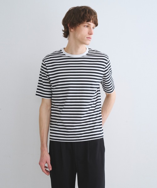 three dots(スリードッツ)の「Men's Powderycotton border s/s T(Tシャツ/カットソー・メンズ・ブラック×ホワイト/ベージュ系その他・MEDIUM/SMALL/LARGE)」の1枚目の写真