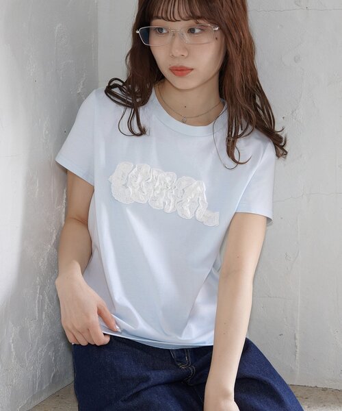 DISCOAT(ディスコート)の「【umm.】レースロゴ半袖Tシャツ(Tシャツ/カットソー・レディース・ライトグレー/ネイビー/サックスブルー・FREE)」の3枚目の写真