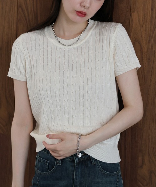 J by blue(ジェイバイブルー)の「キャップスリーブケーブルニット(ニット/セーター・レディース・ネイビー/アイボリー/グレー・MEDIUM)」の10枚目の写真