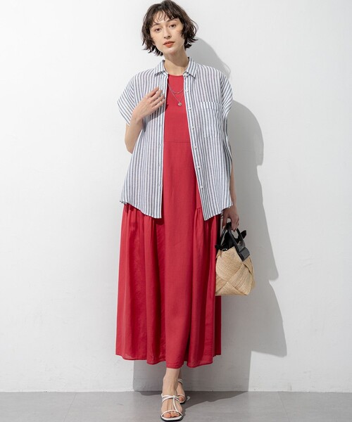 23区 L（ニジュウサンクオオキイサイズ）の「LIBECOリネン ストライプ シャツ（シャツ/ブラウス・レディース・オレンジ系1/ダルブルー系1/ライトイエロー系1・46/44）」の6枚目の写真