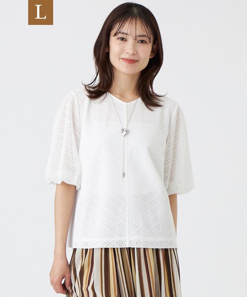 TRANS WORK(トランスワーク)の「【L】【ウォッシャブル】コットンスムースレースコンビカットソー(Tシャツ/カットソー・レディース・ホワイト/ブラック・46/44)」の2枚目の写真