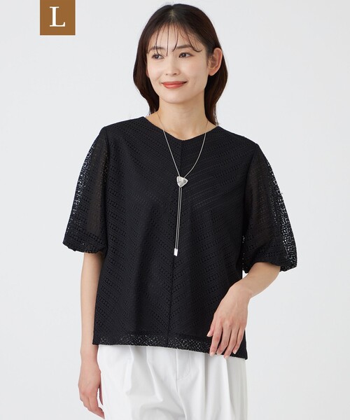 TRANS WORK(トランスワーク)の「【L】【ウォッシャブル】コットンスムースレースコンビカットソー(Tシャツ/カットソー・レディース・ホワイト/ブラック・46/44)」の1枚目の写真